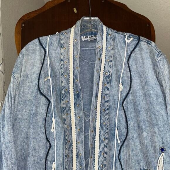 Vintage Modelle Designs 1980s Embroidered AcidWash Denim Duster Jacket Large - Picture 3 of 13